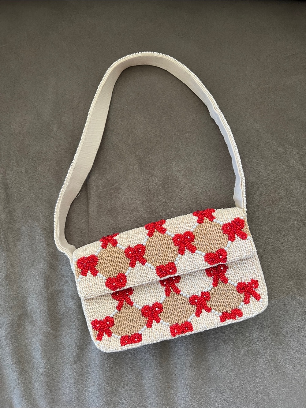 Anthropologie Fiona Beaded Shoulder Bag with Red Bow Pattern